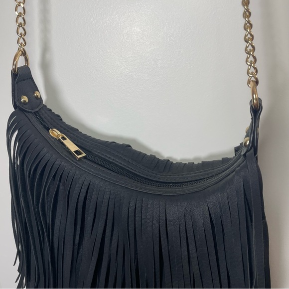 Cato Black Fringe Crossbody Bag Boho Tassel Faux Leather Festival - Picture 6 of 10
